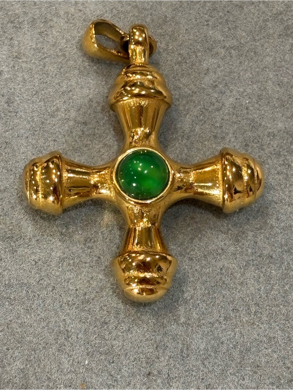 Vintage Gold Cross Pendant with Green Cabochon
